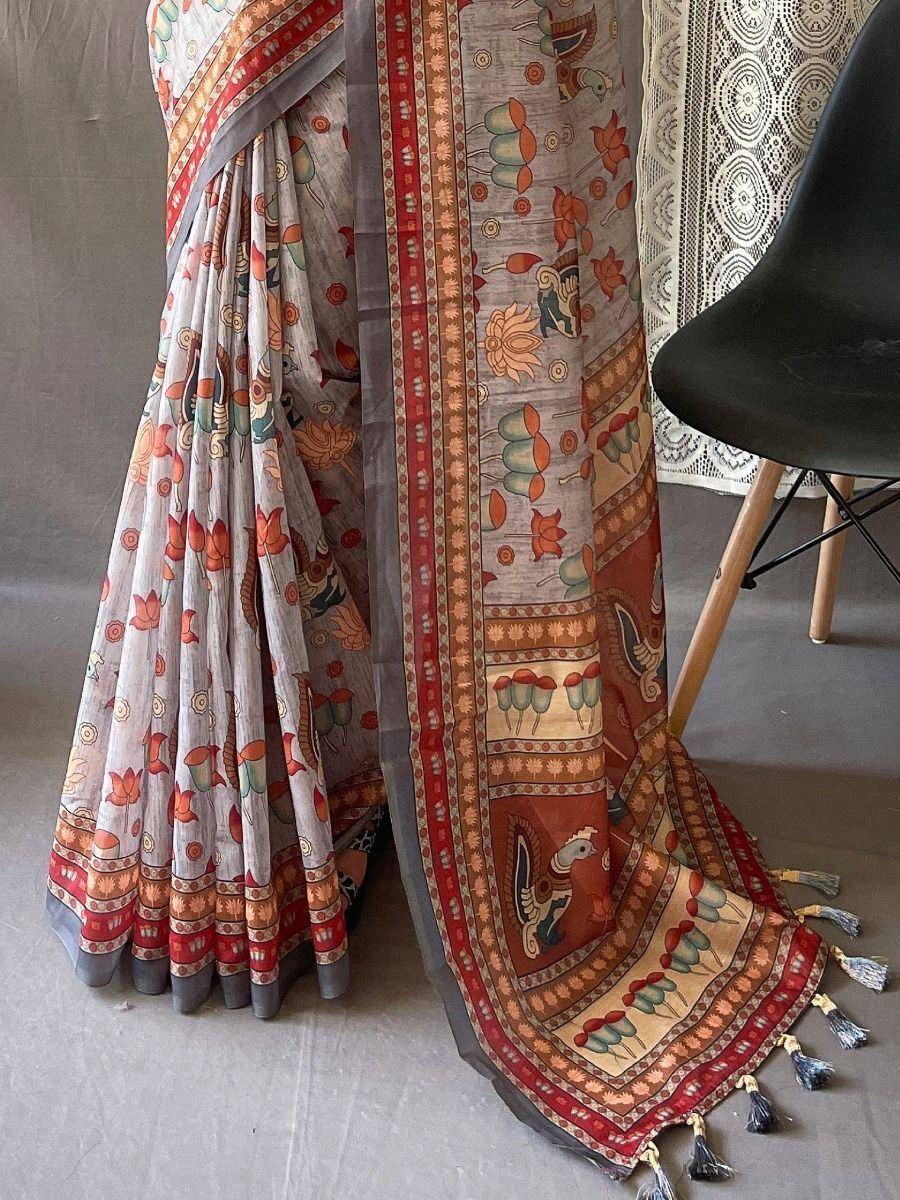 Hand-painted floral and bird motif saree with tassels, ethnic Indian wear