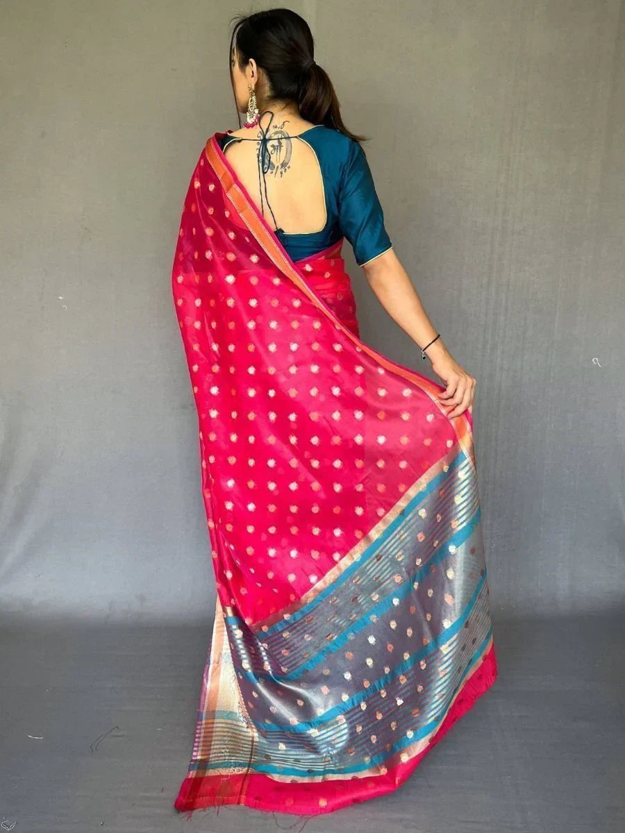 Astonishing Hot Pink Zari Weaving Organza Wedding Wear Saree