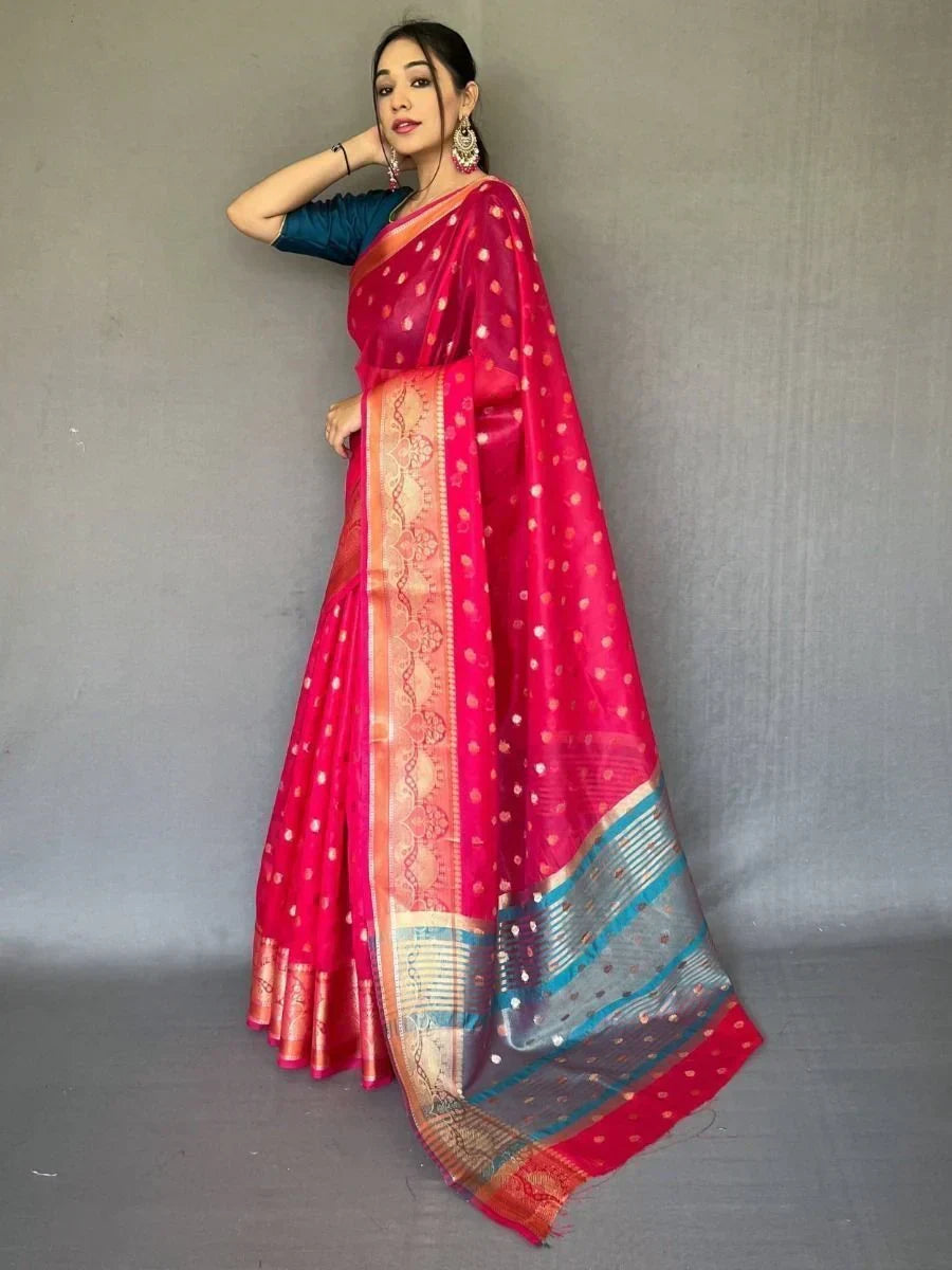 Astonishing Hot Pink Zari Weaving Organza Wedding Wear Saree