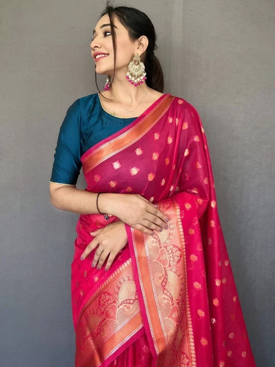 Astonishing Hot Pink Zari Weaving Organza Wedding Wear Saree