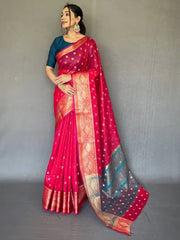 Astonishing Hot Pink Zari Weaving Organza Wedding Wear Saree