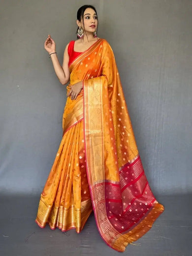 Captivating Yellow Zari Weaving Organza Haldi Wear Saree