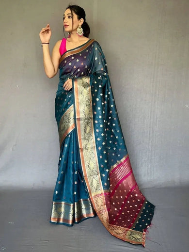Tantalizing Navy Blue Zari Woven Organza Engagement Wear Saree