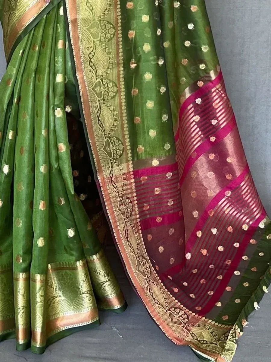 Irresistible Green Zari Woven Organza Mehendi Wear Saree