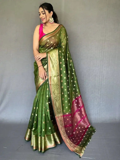 Irresistible Green Zari Woven Organza Mehendi Wear Saree