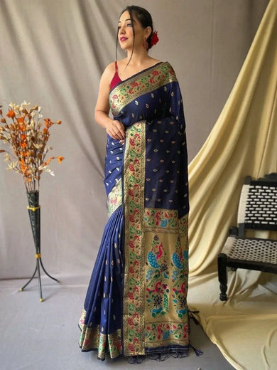 Dazzling Navy Blue Woven Paithani Silk Event Wear Saree With Blouse