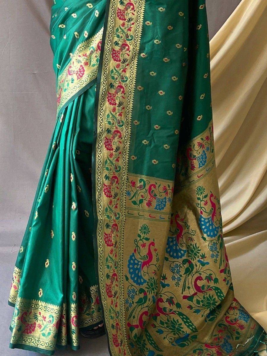 Emerald green saree with peacock and floral border, Indian ethnic wear