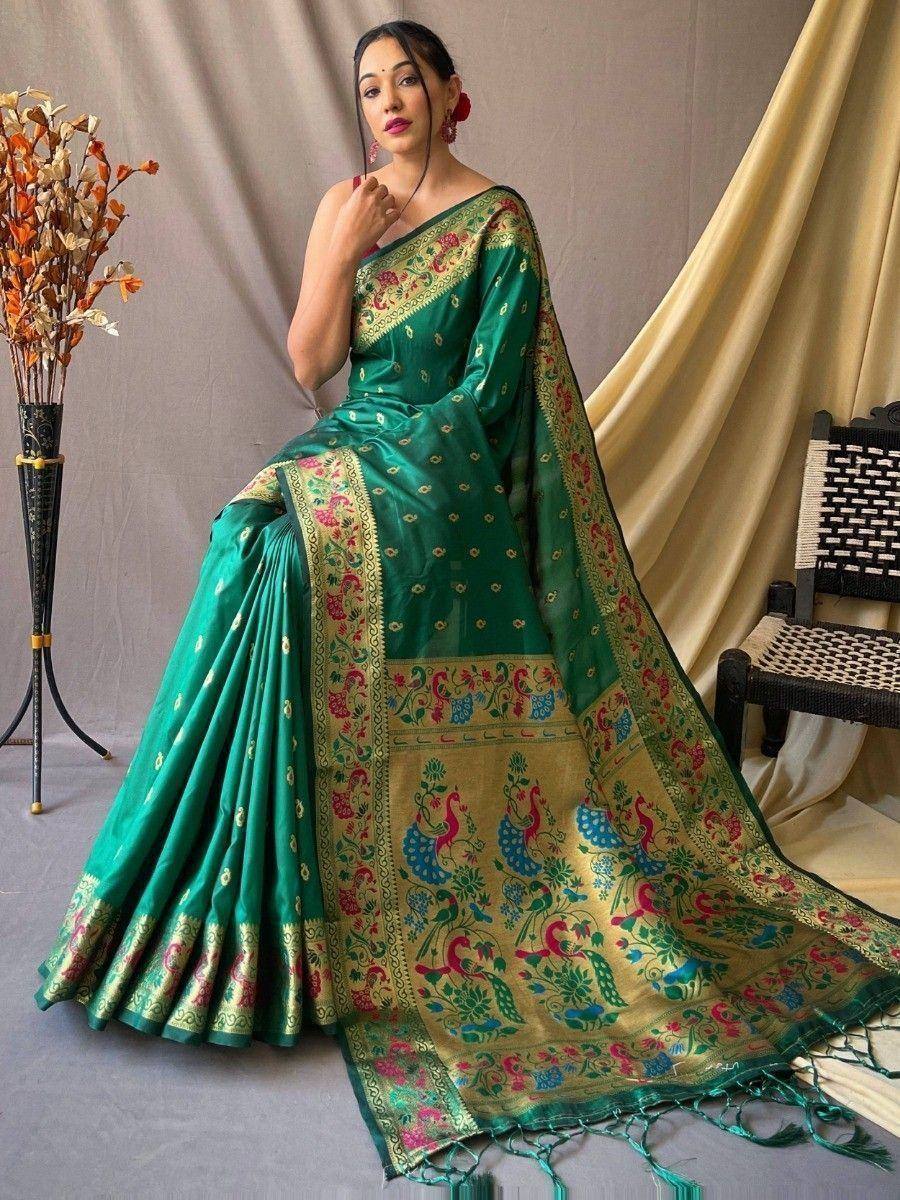 Emerald green saree with peacock print and gold border, Indian ethnic wear for women