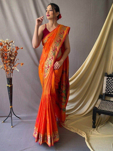 Spectacular Orange Zari Woven Paithani Silk Saree With Blouse