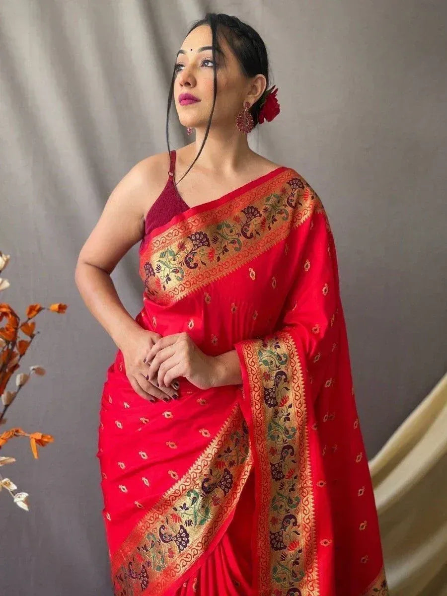 Red embroidered saree with gold border, Indian ethnic wear for women