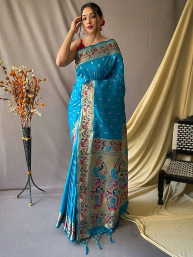 Incredible Sky-Blue Woven Paithani Silk Reception Wear Saree
