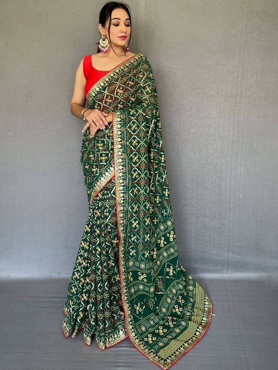 Green printed saree with red blouse, ethnic Indian wear for women