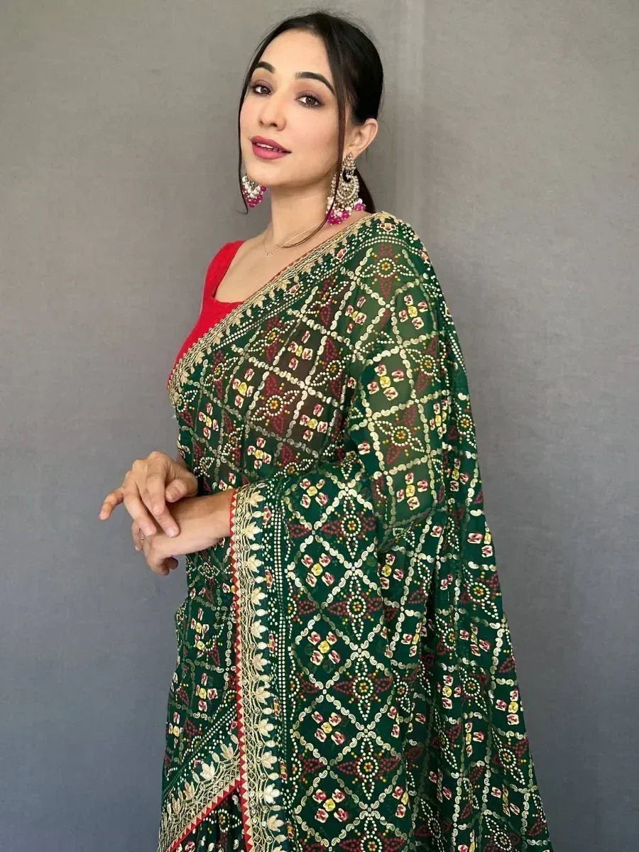 Green embroidered saree with red blouse, ethnic Indian wear for women