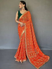 Pretty Orange Bandhani Print Georgette Festive Saree With Blouse