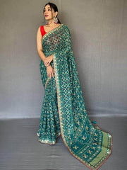 Charming Teal Gotta-Patti Work Georgette Festive Saree With Blouse