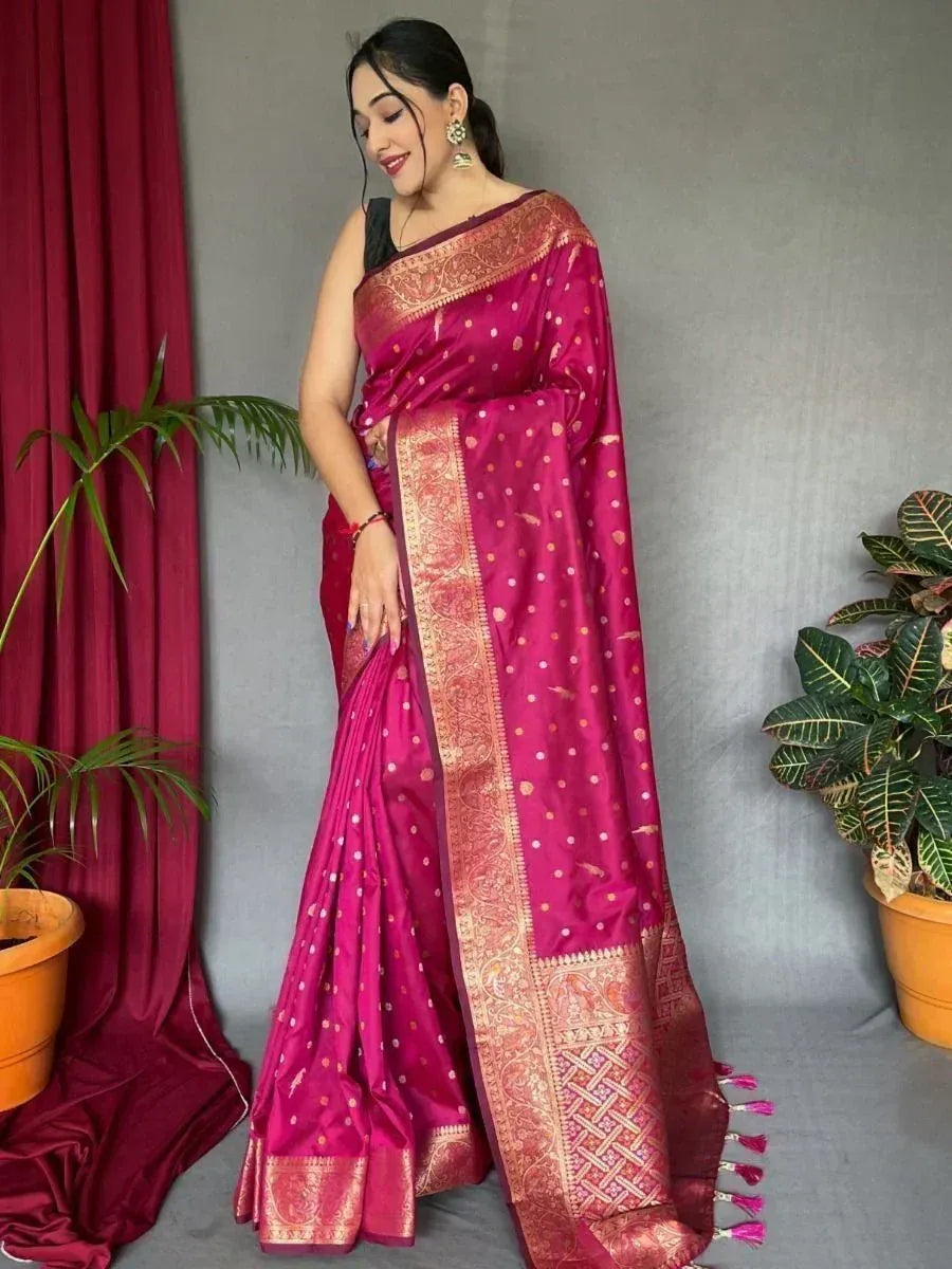 Pink silk saree with gold zari border and tassels, Indian ethnic wear for women