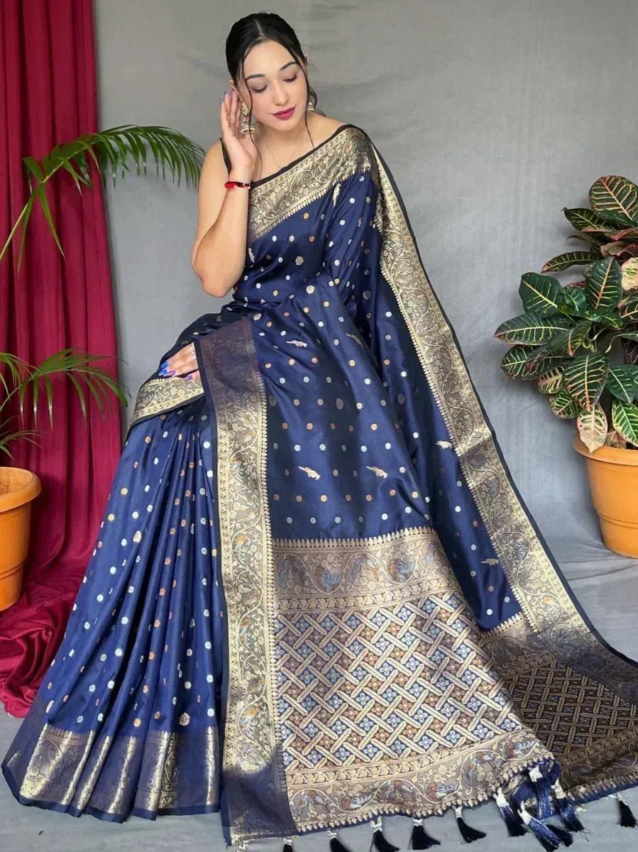 Navy blue designer saree with gold zari border and polka dot print, perfect for Indian ethnic occasions