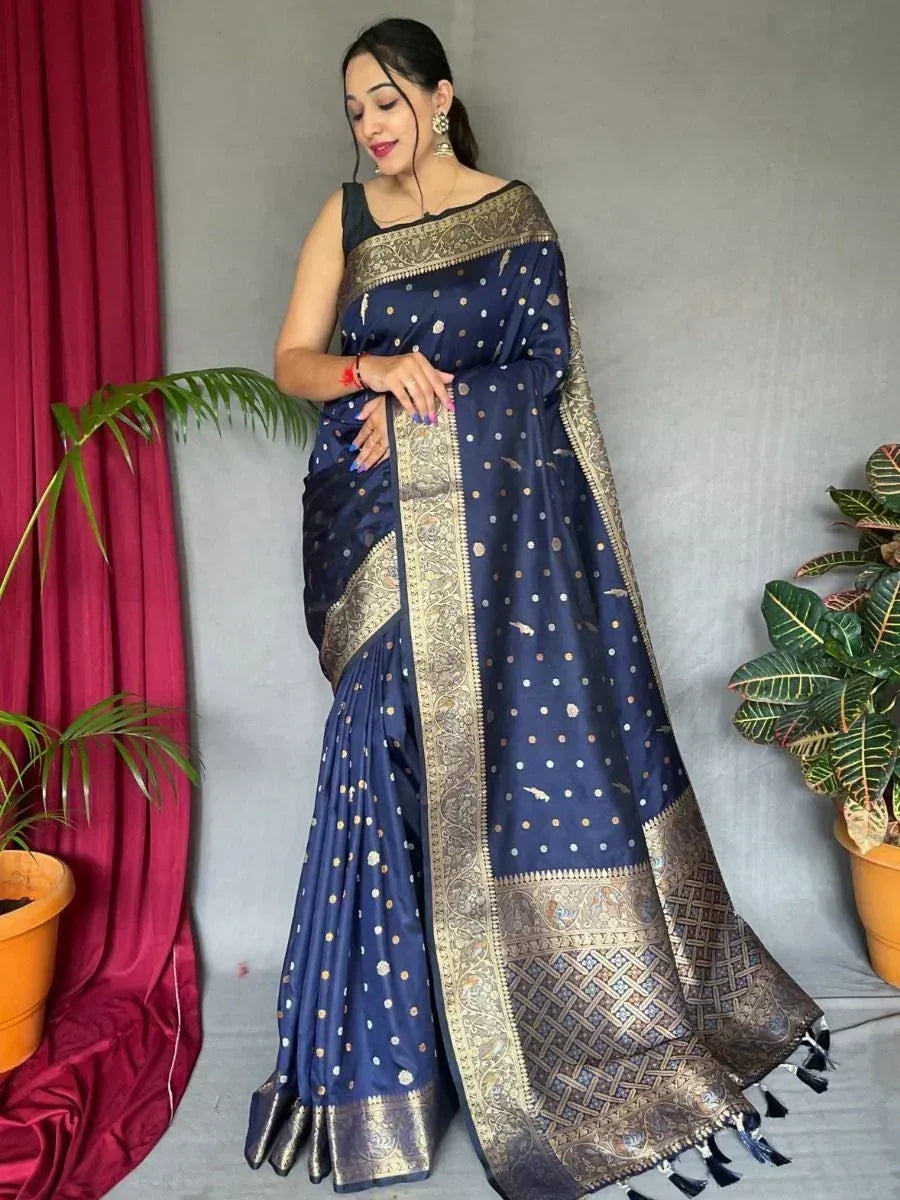 Navy blue silk saree with gold zari work and polka dots, perfect for Indian ethnic wear occasions