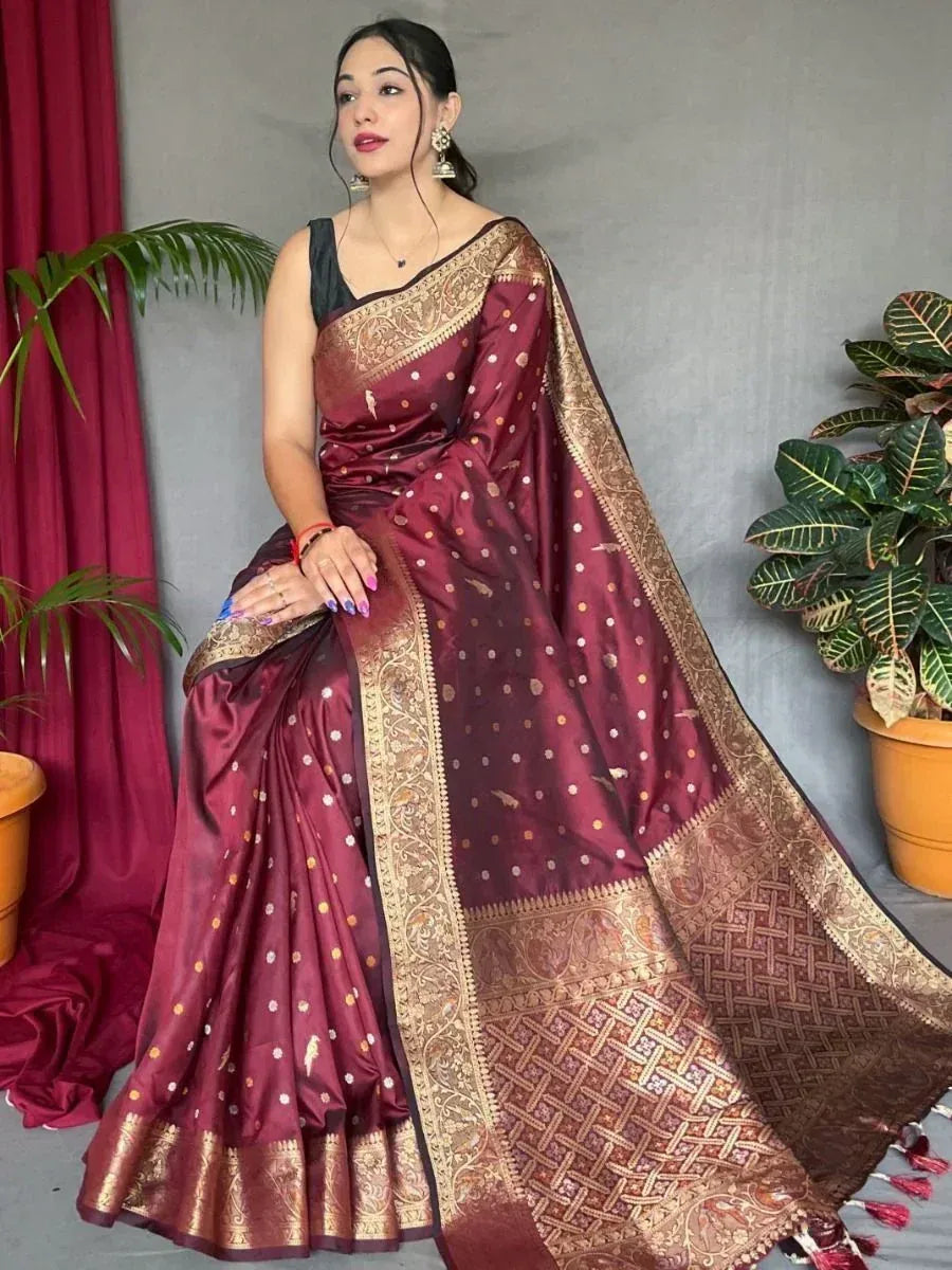 Maroon silk saree with gold zari border and polka dot print, perfect for Indian ethnic occasions