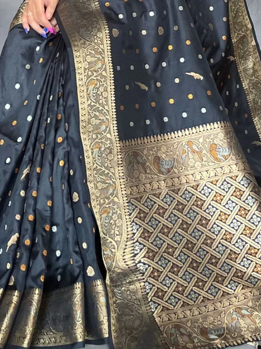 Stunning Black Zari Woven Soft Silk Marriage Function Saree with Blouse