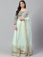 Sea Green & Charcoal Embroidered Semi-Stitched Myntra Lehenga & Unstitched Blouse with Dupatta