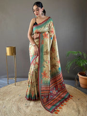 Charming Beige Kalamkari Printed Silk Festival Wear Saree With Blouse