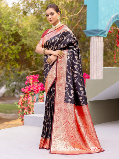 Astonishing Black Zari Weaving Banarasi Silk Saree With Blouse