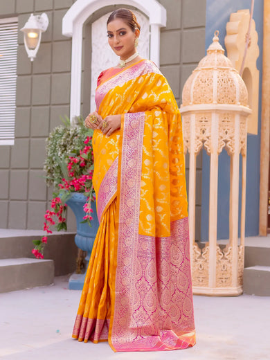 Wonderful Yellow Zari Weaving Banarasi Silk Festival Wear Saree