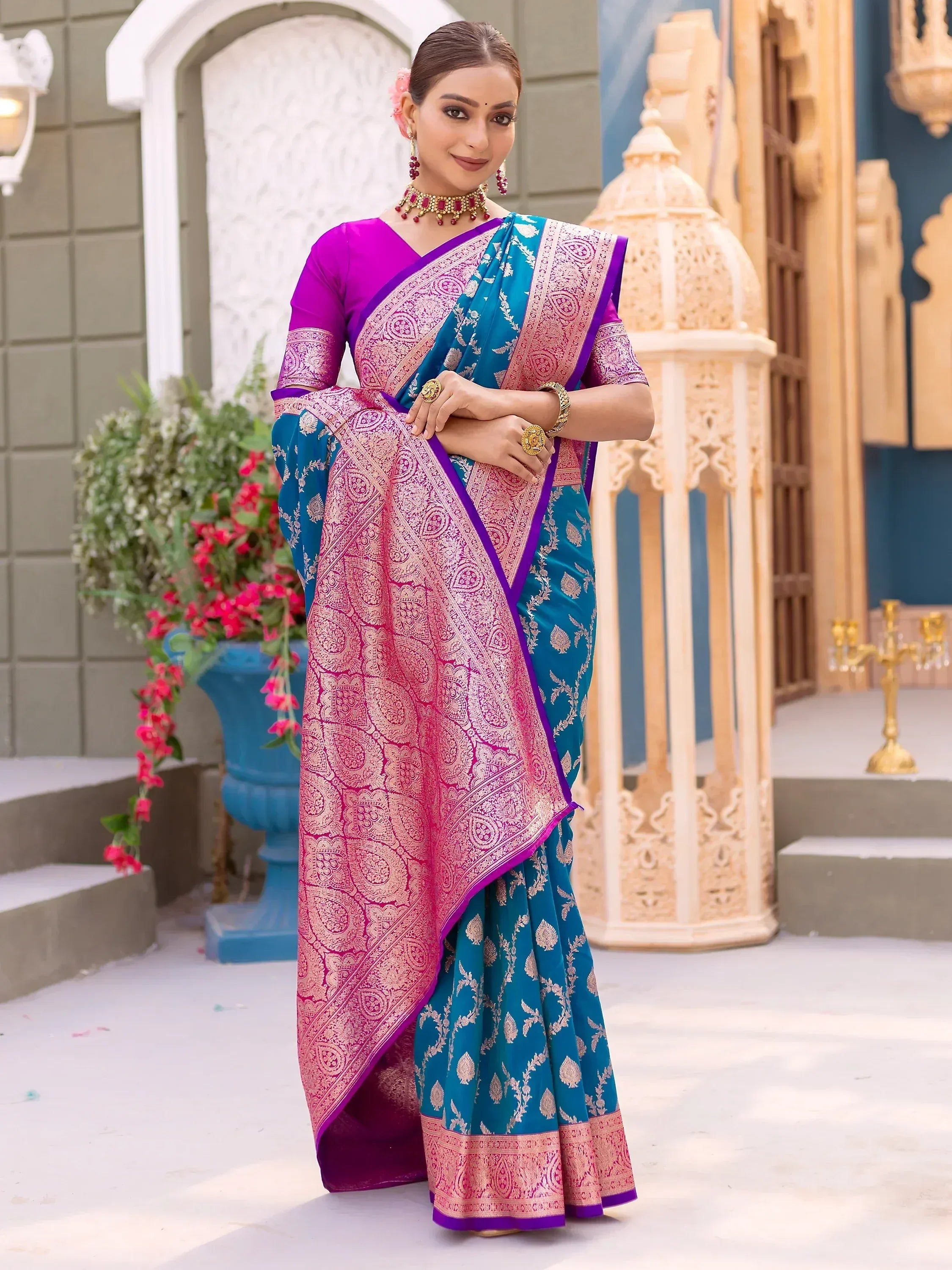 Teal and magenta designer saree with gold paisley print, perfect for Indian ethnic wear occasions