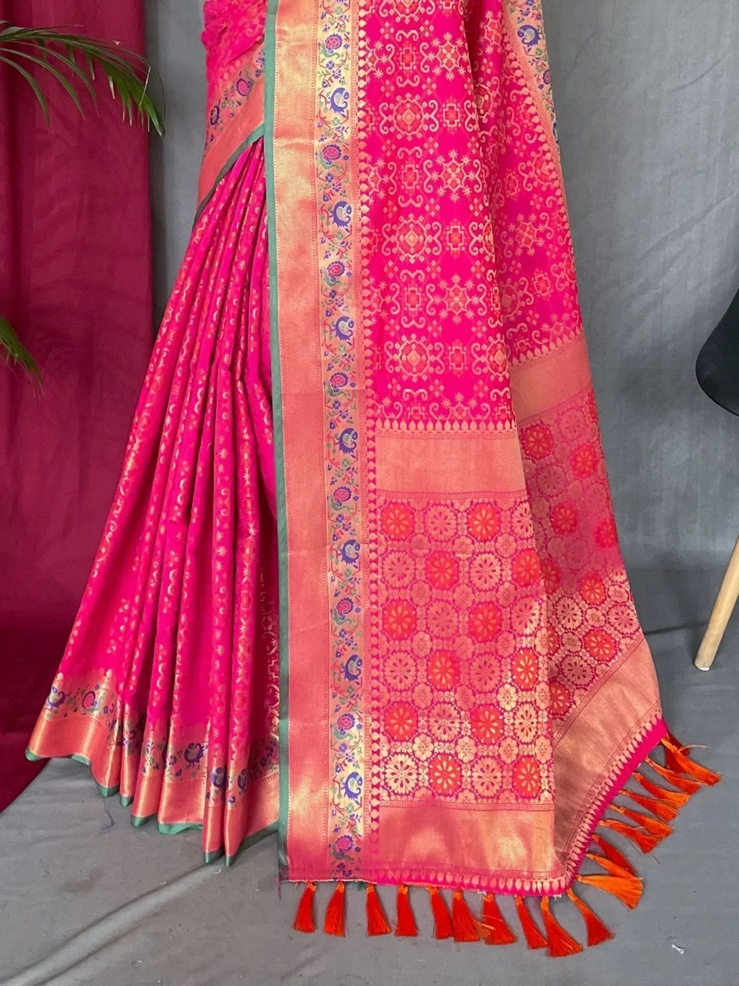 Stunning Rani Pink Patola Printed Silk Festival Wear Saree With Blouse