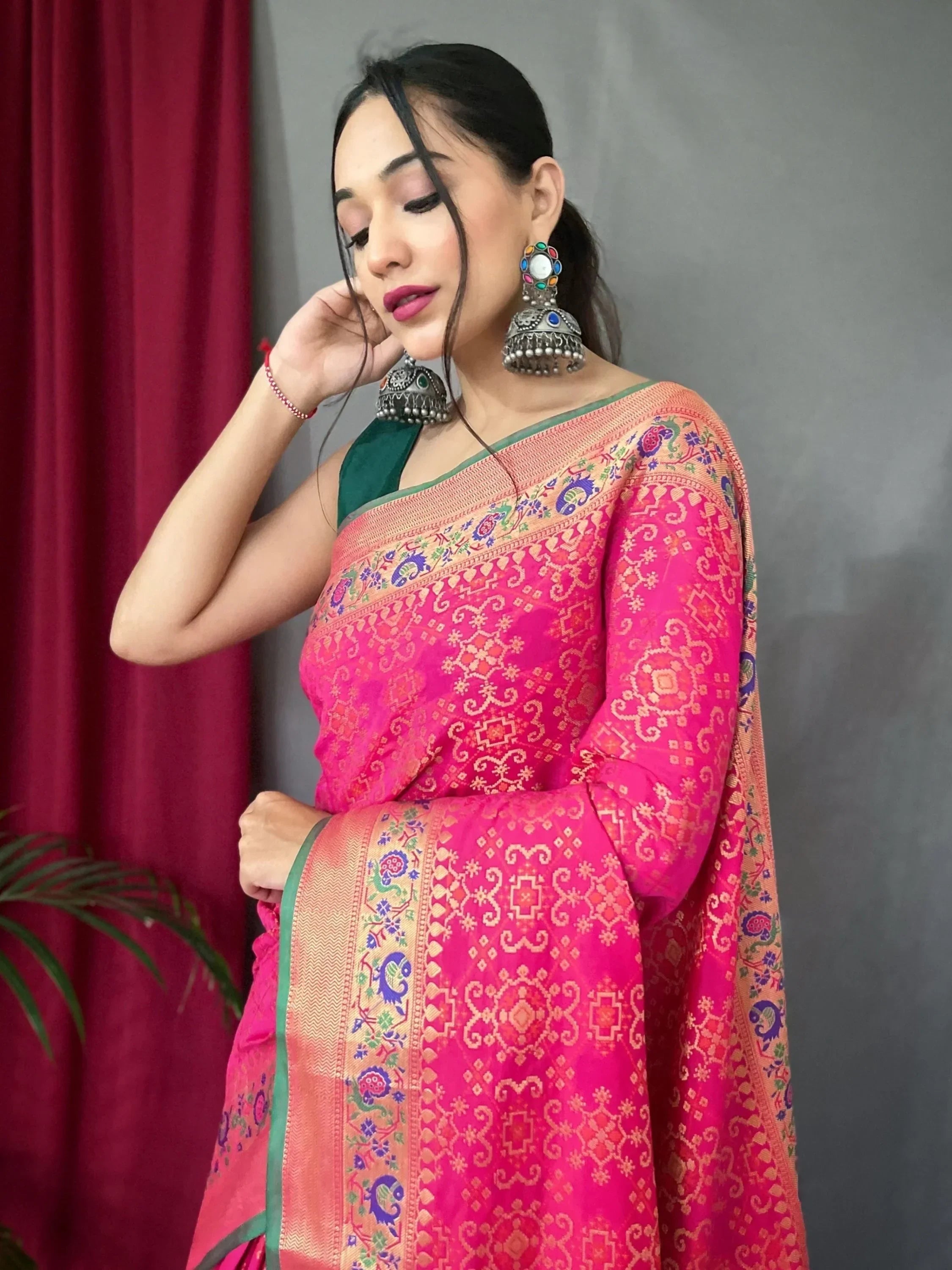 Stunning Rani Pink Patola Printed Silk Festival Wear Saree With Blouse