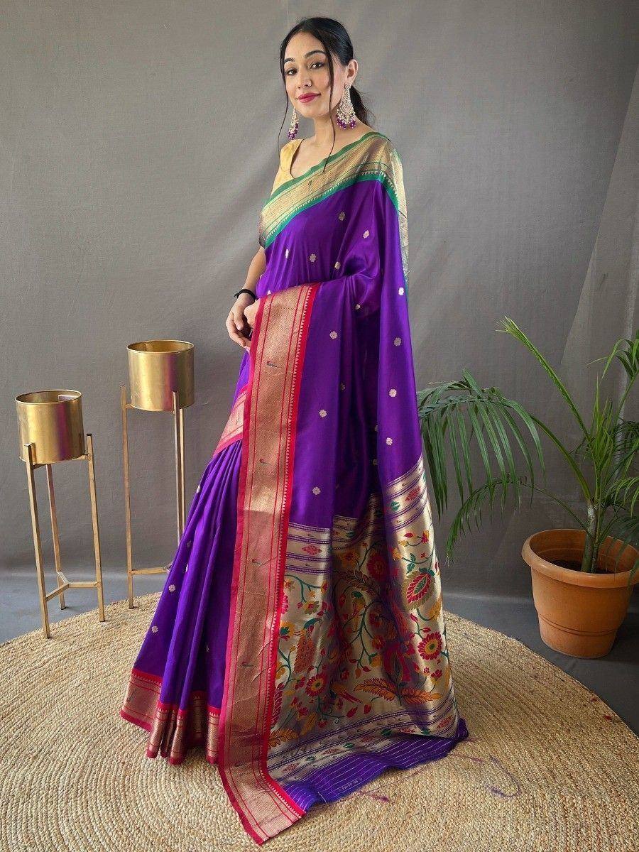 Purple silk saree with floral border and gold zari, styled with blouse for Indian ethnic wear
