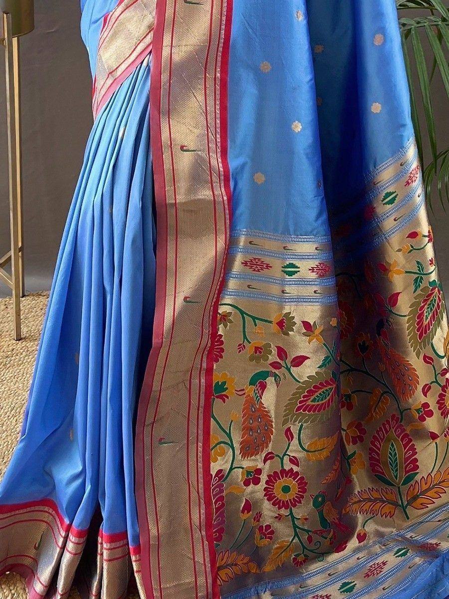 Blue silk saree with floral peacock border, ethnic Indian wear for women