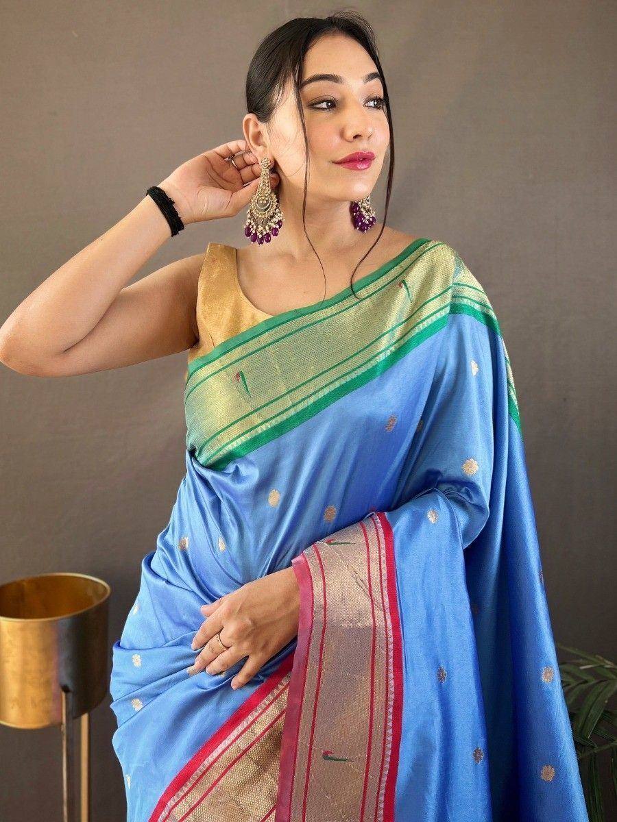 Blue silk saree with gold polka dots and green border, paired with gold blouse, ideal for Indian ethnic wear