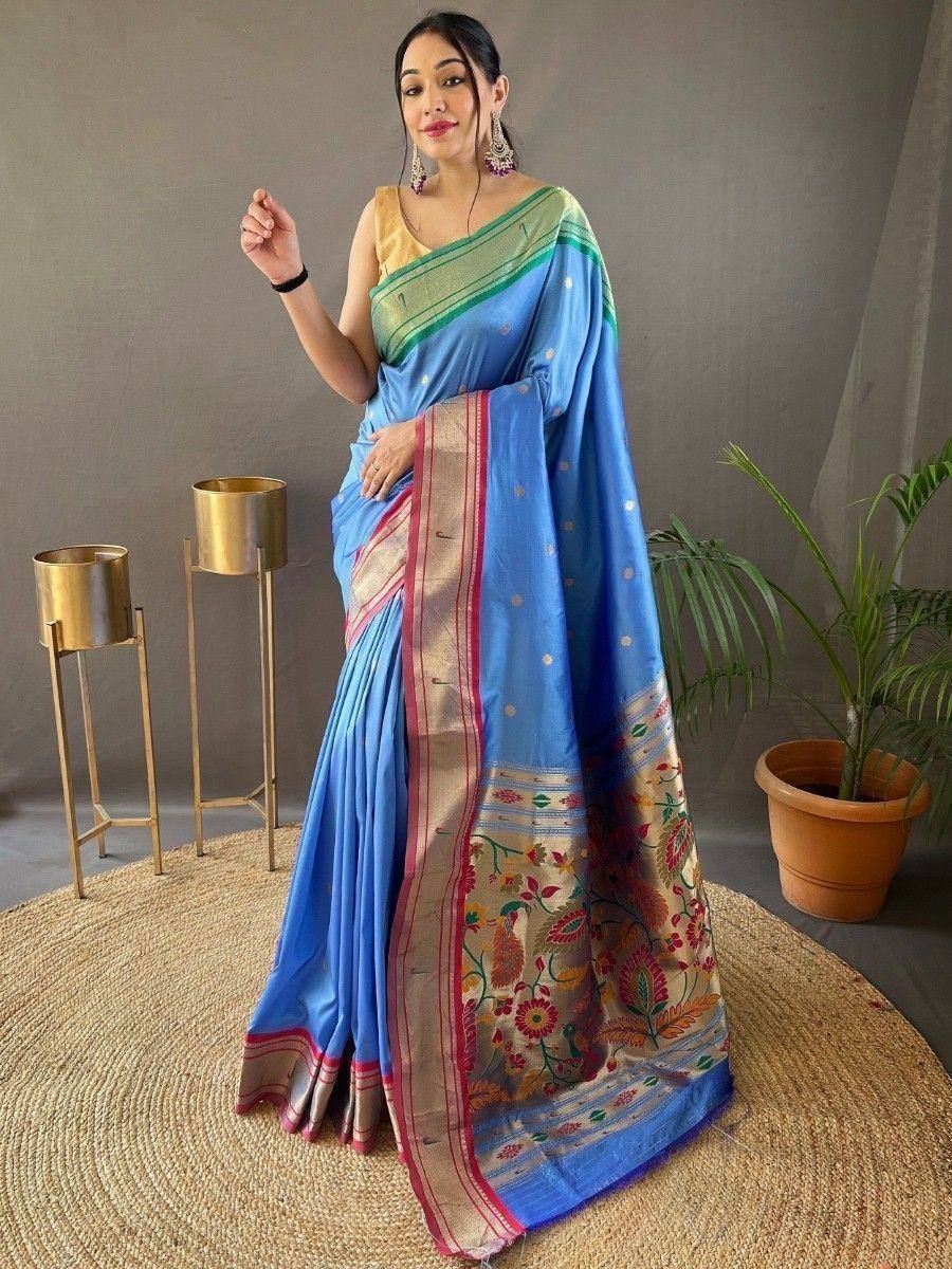 Blue floral saree with gold border, perfect for Indian ethnic wear occasions