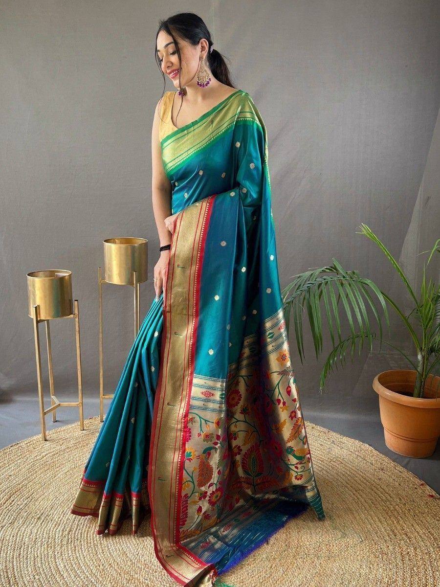 Teal silk saree with gold floral border and green blouse, Indian ethnic wear