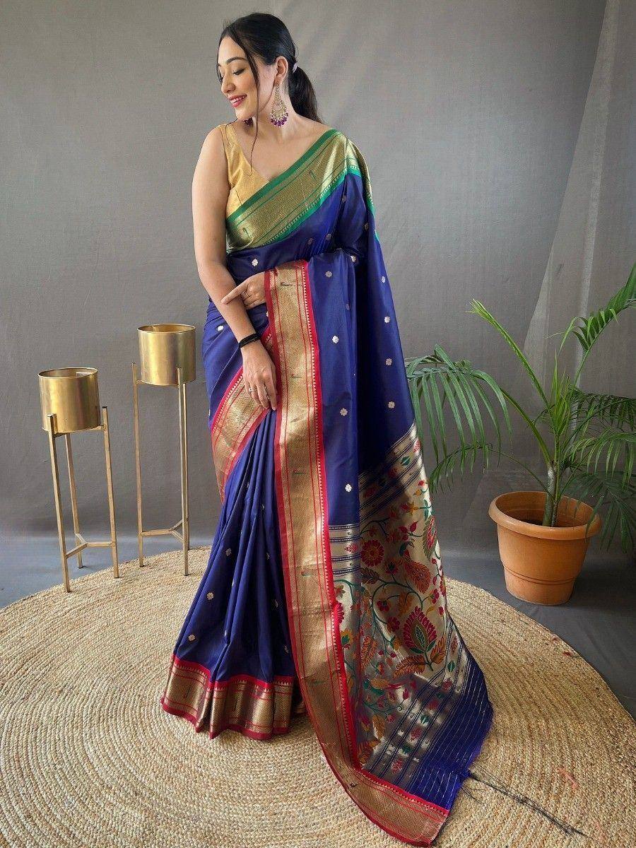 Blue floral saree with gold border, paired with golden blouse, perfect for Indian ethnic occasions