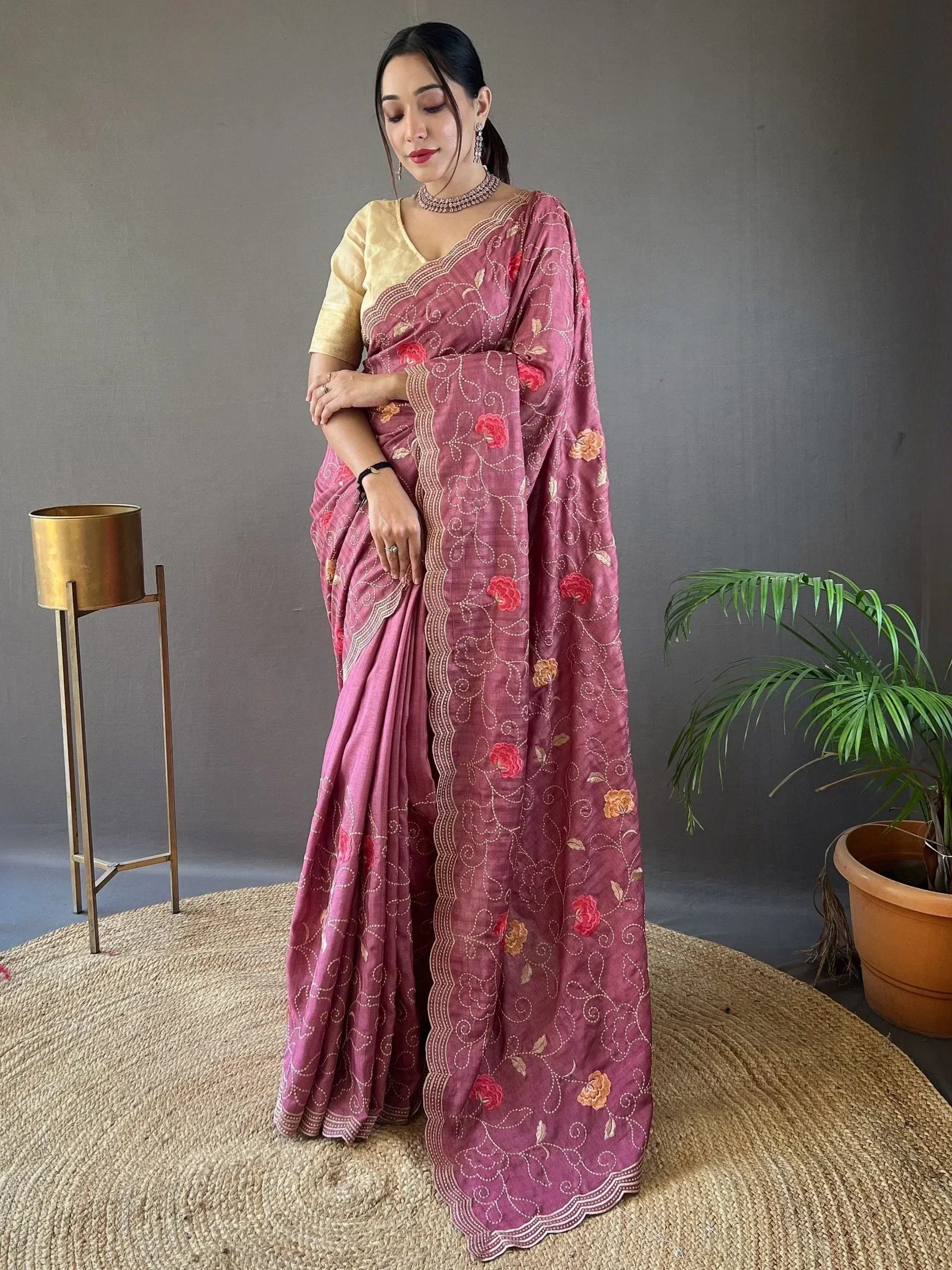 Pink floral embroidered saree with gold blouse, Indian ethnic wear for women