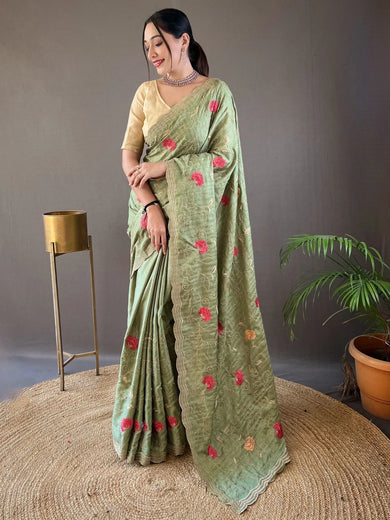 Beautiful Light Green Embroidered Tussar Silk Function Wear Saree