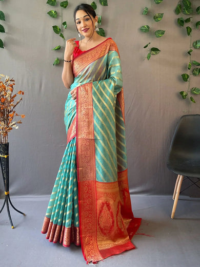 Mesmerizing Sky-Blue Zari Weaving Organza Festival Wear Saree