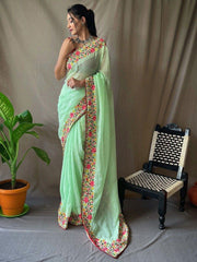 Stunning Pista Green Sequins Georgette Reception Wear Saree
