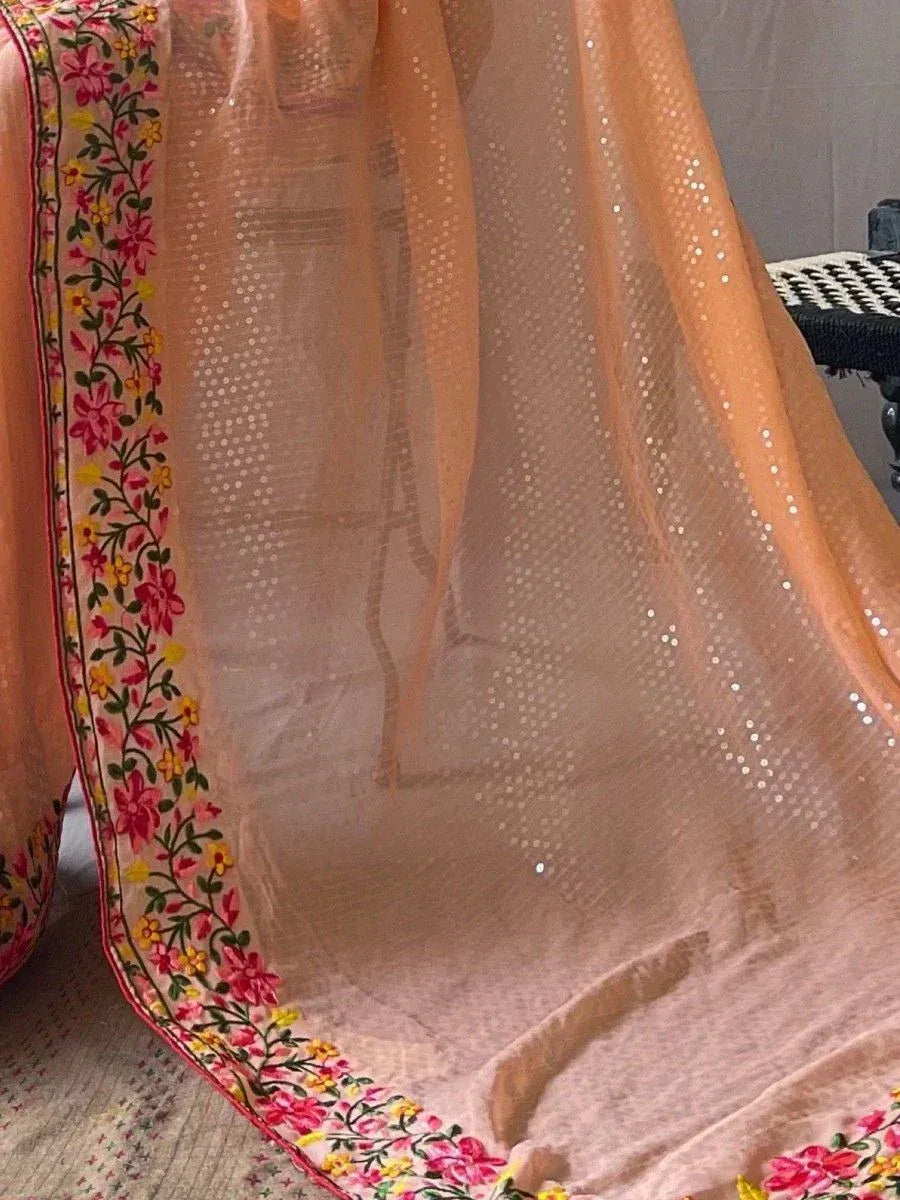 Peach ethnic dupatta with floral embroidery and sequin detailing, perfect for Indian wear