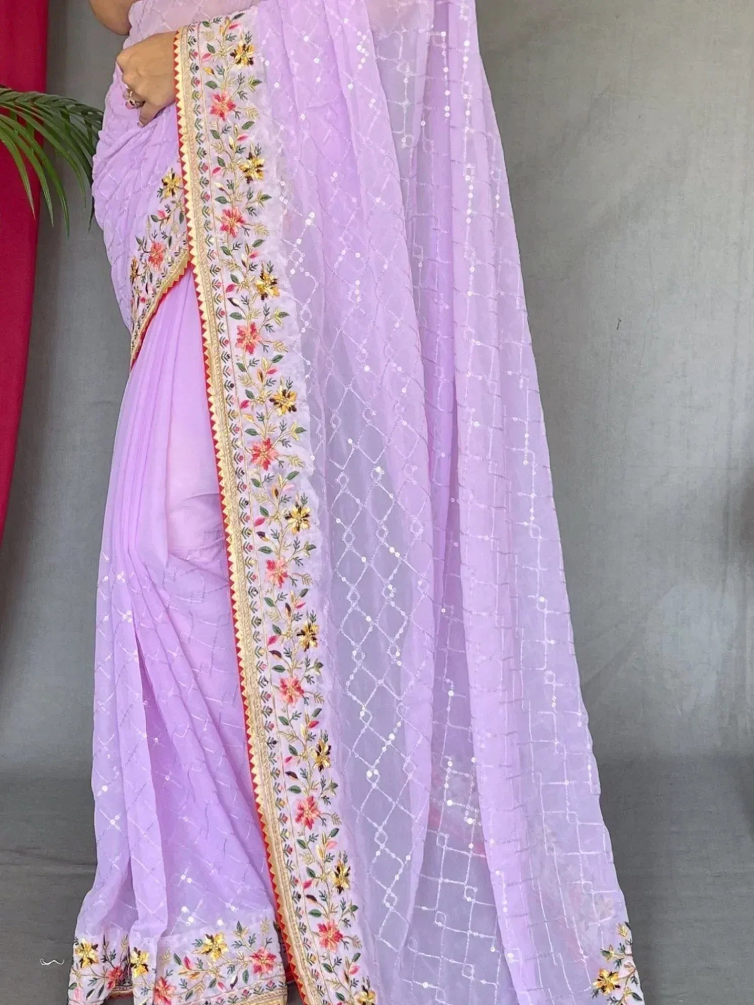 Lavender ethnic saree with floral embroidery and sequin work, perfect for Indian occasions