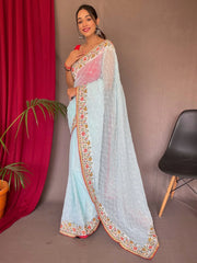 Fascinating Sky-Blue Sequins Georgette Wedding Saree With Blouse