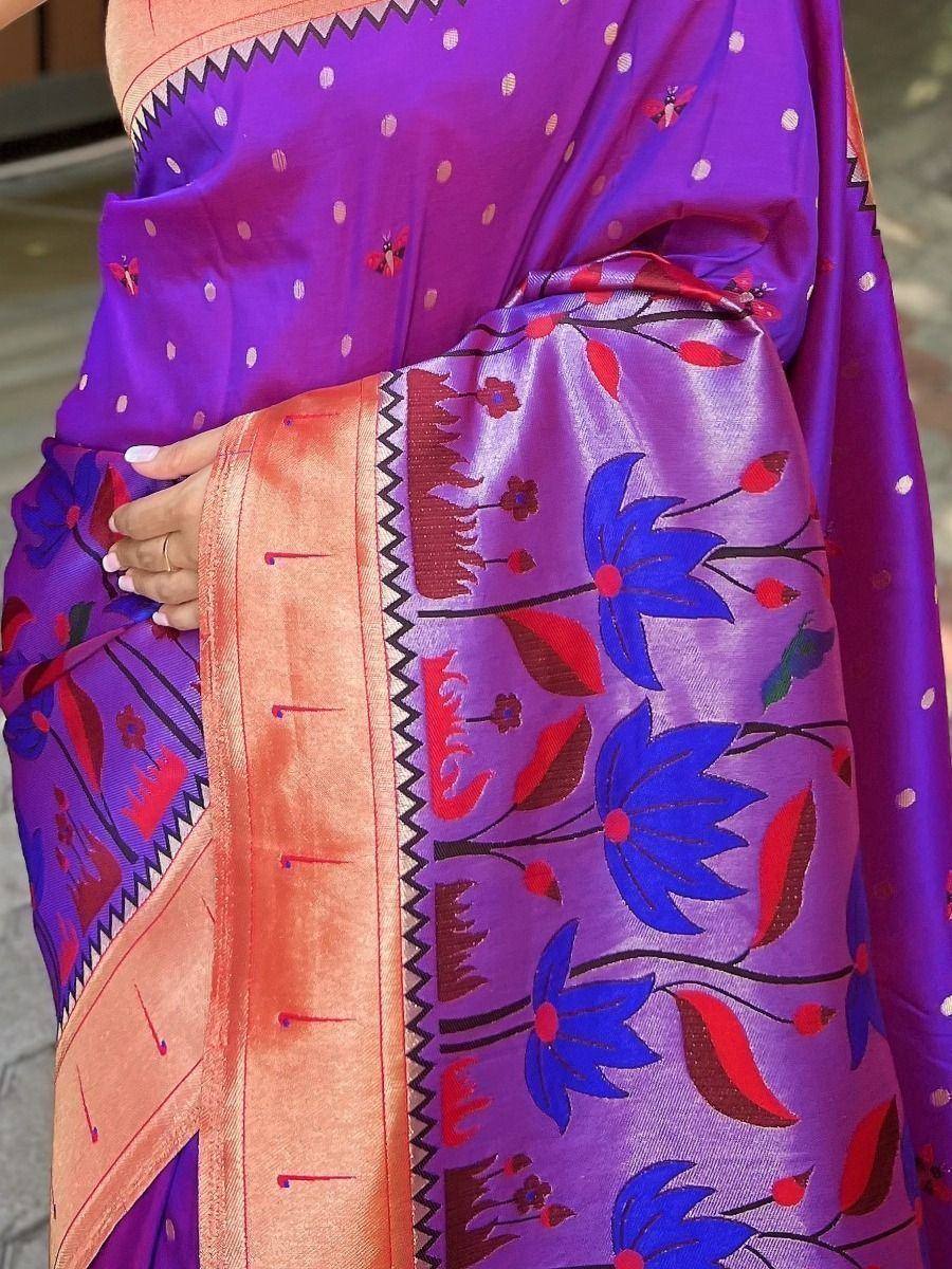 Purple floral printed saree with orange border, ethnic Indian wear
