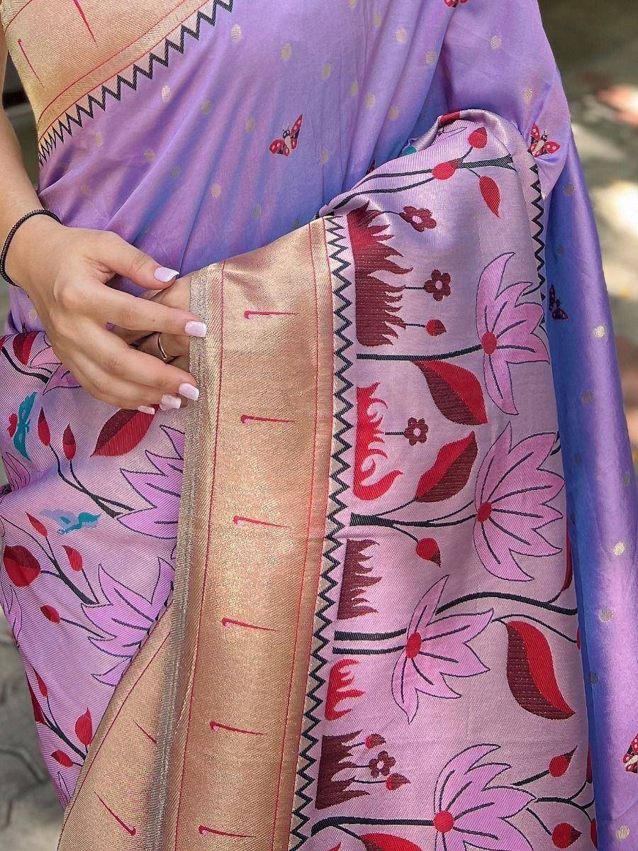 Purple floral printed saree with gold border, ethnic Indian wear for women