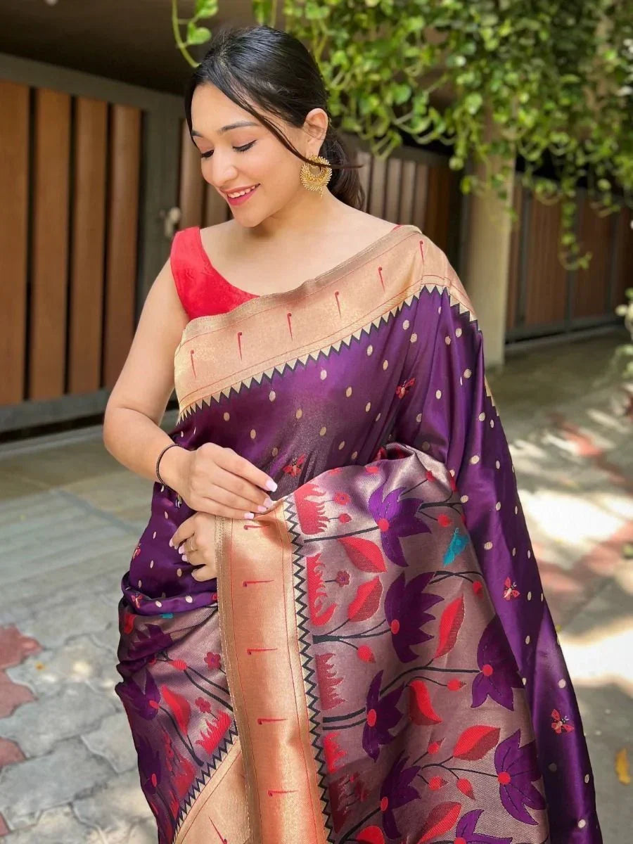 Magical Wine Zari Woven Banarasi Silk Wedding Saree With Blouse