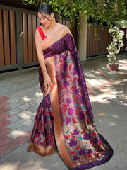 Magical Wine Zari Woven Banarasi Silk Wedding Saree With Blouse