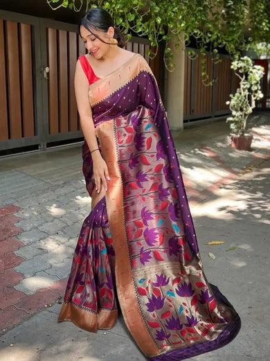 Magical Wine Zari Woven Banarasi Silk Wedding Saree With Blouse