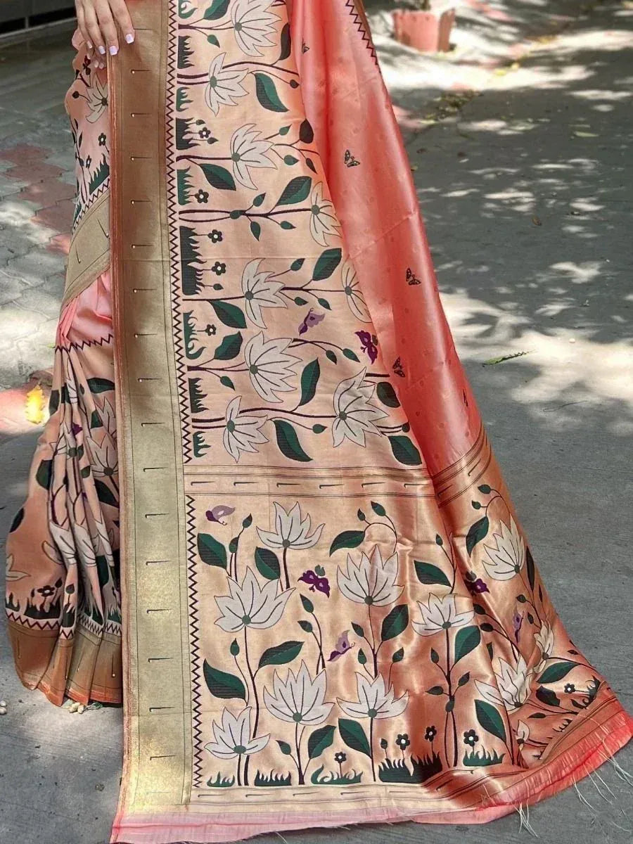 Floral print peach saree with gold border, Indian ethnic wear for women